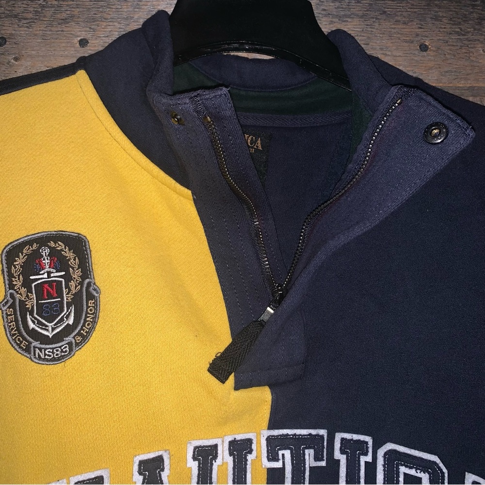 Men’s XXL NAUTICA Navy Yellow Color Block 1983 Coastal Horizon Zip Sweatshirt EC - Picture 4 of 15